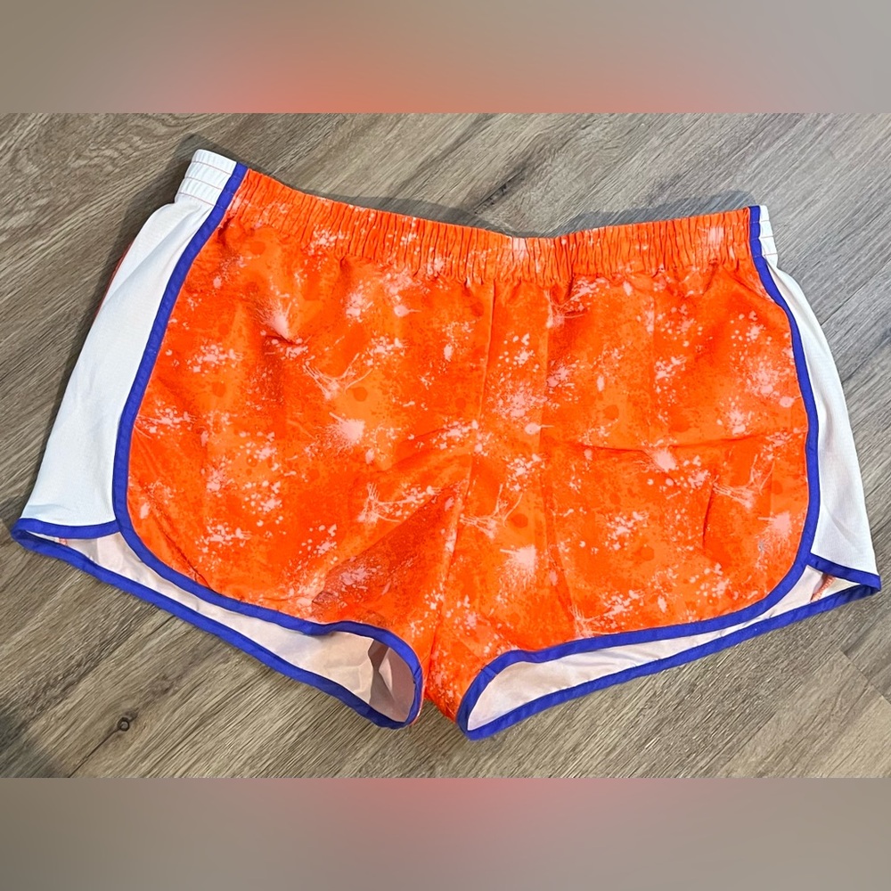 Danskin Now XL Running Shorts Women’s Orange Splatter Print Fitness Athleisure
